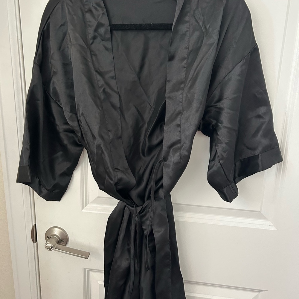 Satin Black Kimono Robe with Tie Waist